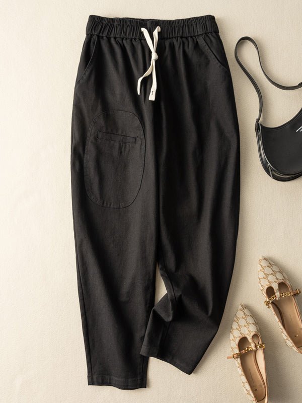 100% Natural Fabric Casual Loose Harem Pants With Pockets In Solid Color