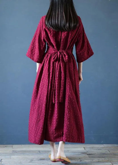 Chic v neck tie waist linen clothes For Women Runway burgundy Dress