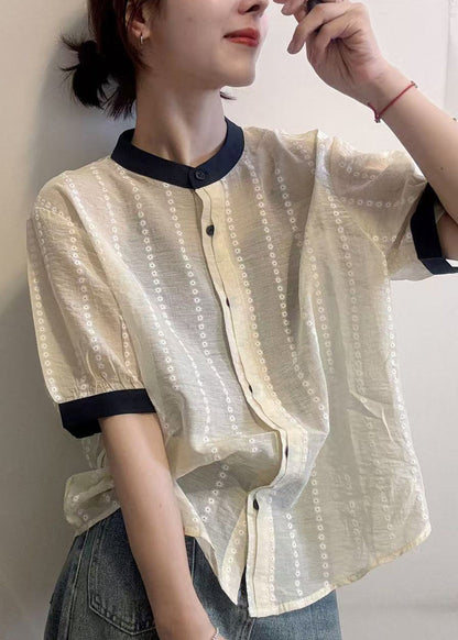 Elegant Apricot Embroidered Button Cotton Shirts Summer