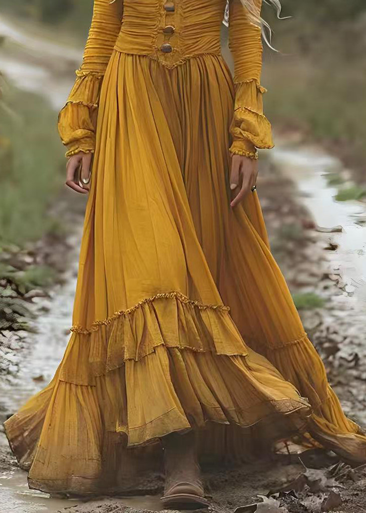 Boho Yellow Wrinkled Patchwork Cotton Long Dresses Spring