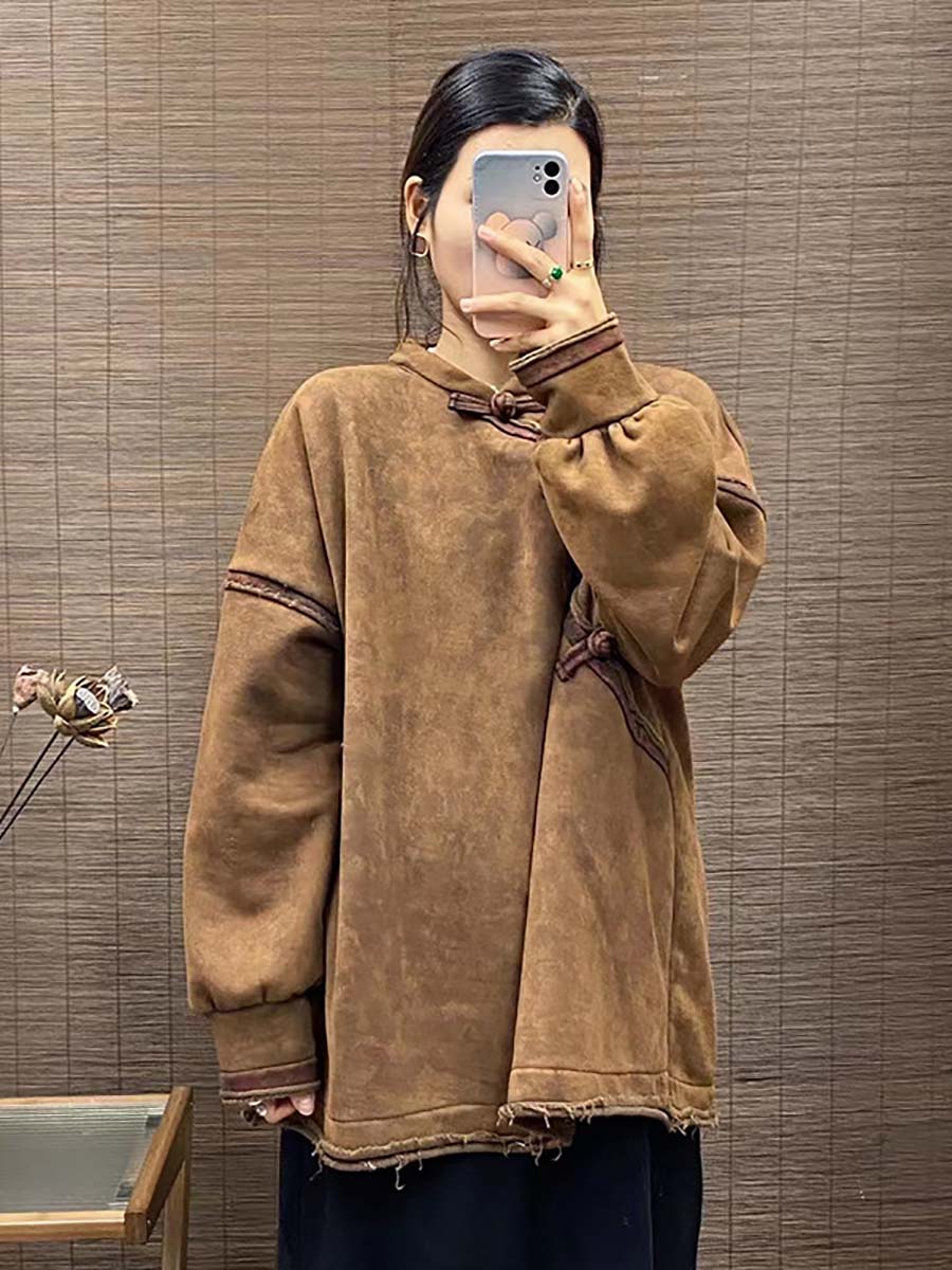 Women Vintage Chinese Button Worn Solid Thick Sweatshirt