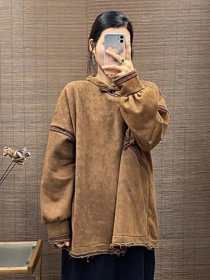 Women Vintage Chinese Button Worn Solid Thick Sweatshirt