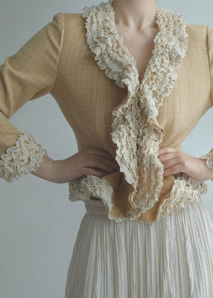 Women Yellow Ruffled Patchwork Cotton Jacket Fall
