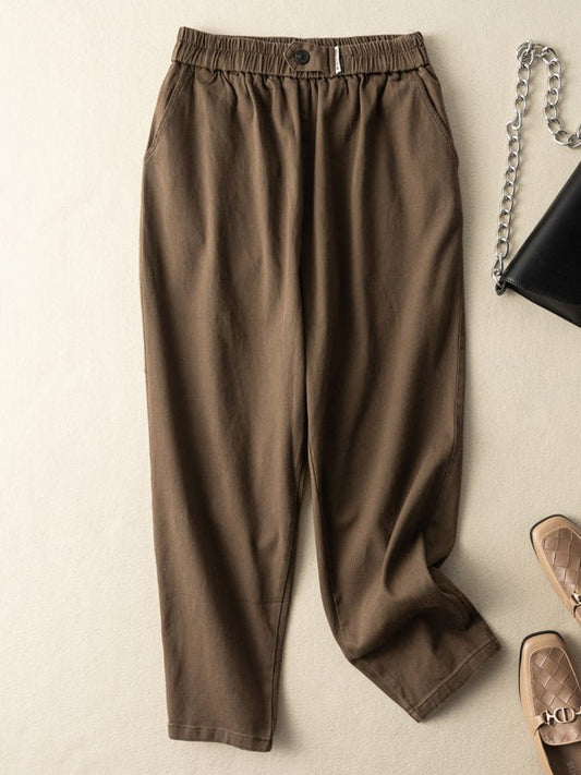 100% Natural Fabric Buckle Waist Casual Harem Pants With Pocket