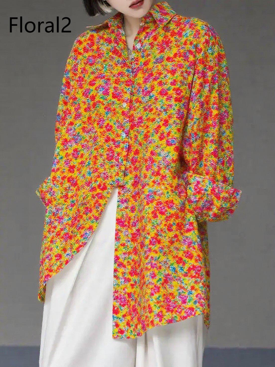 Unique Floral3 Asymmetrical Design Side Open Cotton Long Shirts Spring
