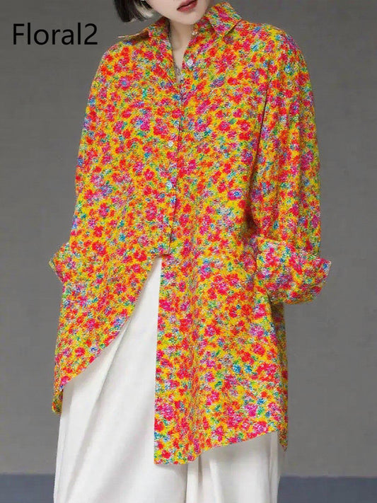 Unique Floral3 Asymmetrical Design Side Open Cotton Long Shirts Spring