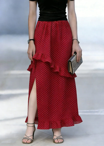 Casual Red Dot Print Ruffled Side Open Chiffon Skirt