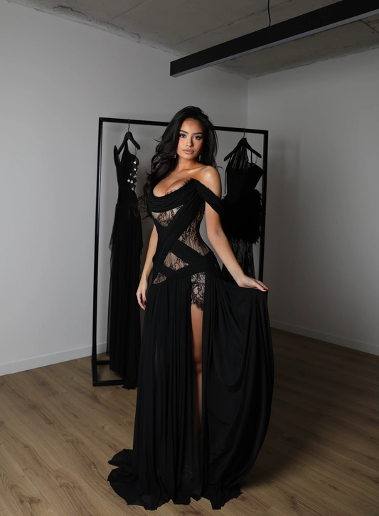 Sexy Lace Stitching Slit Pleated Skirt