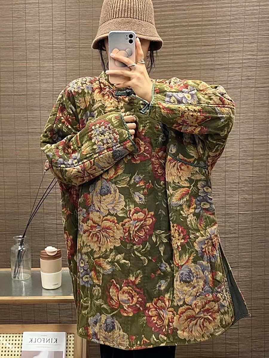 Winter Ethnic Button Floral Print Splict Hem Coat