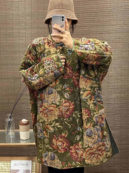 Winter Ethnic Button Floral Print Splict Hem Coat