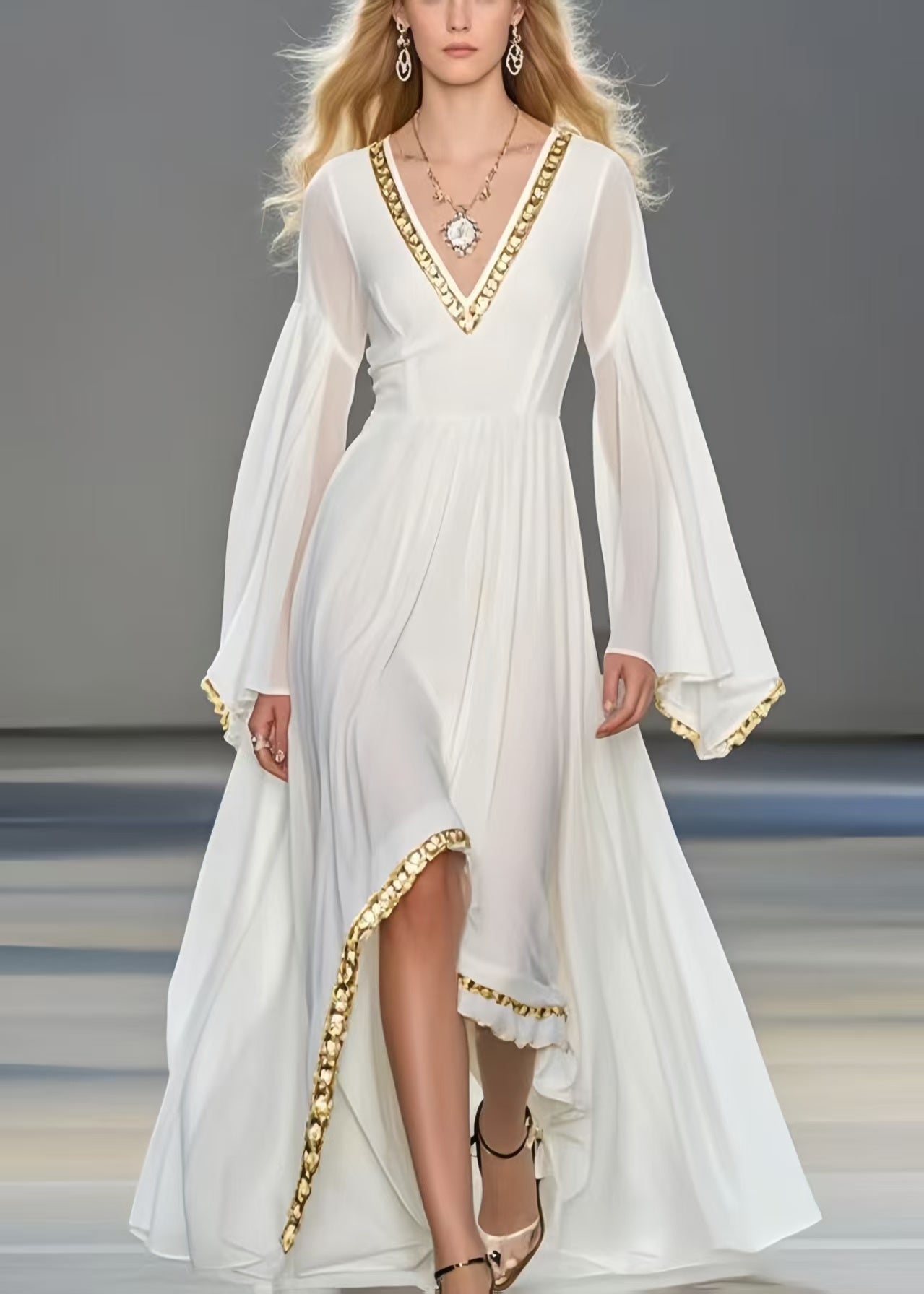 Women White Exra Large Hem Chiffon Robe Dresses Flare Sleeve