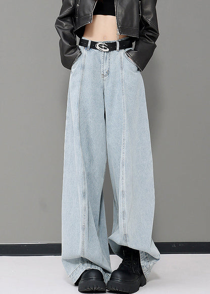 Women Blue Pockets Patchwork Denim Wide Leg Pants Fall