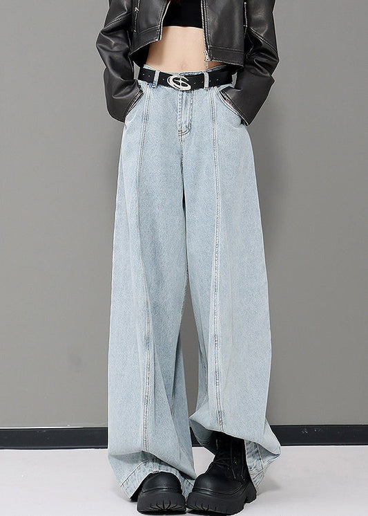 Women Blue Pockets Patchwork Denim Wide Leg Pants Fall