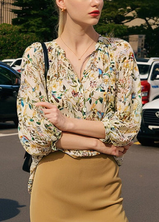Fashion V Neck Print Shirts Lantern Sleeve