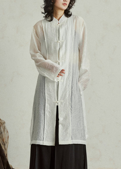 White Stand Collar Organza Maxi Shirt Fall