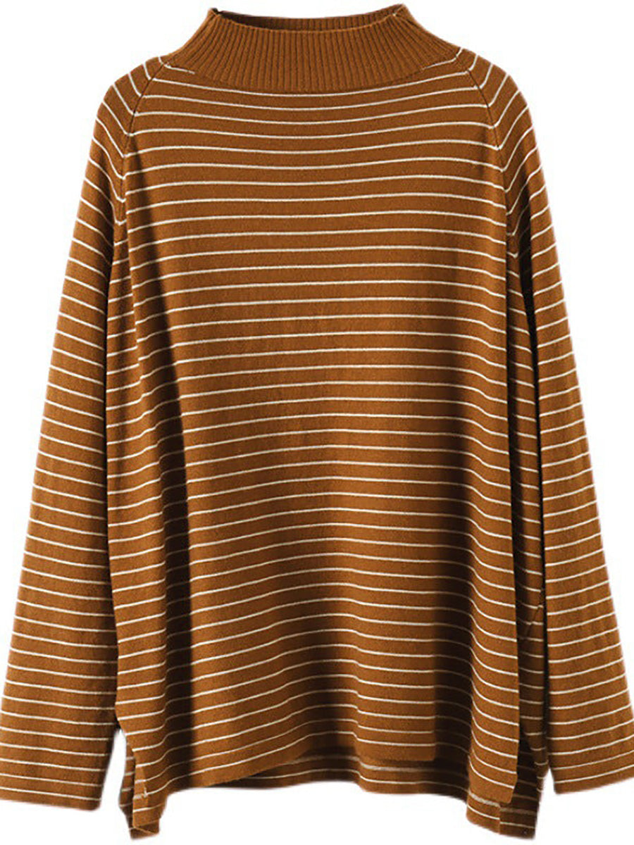 Plus Size - Stripes Turtleneck Knitted Long Sleeve Sweater