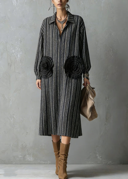 Handmade Black Zip Up Striped Floral Cotton Dresses Spring