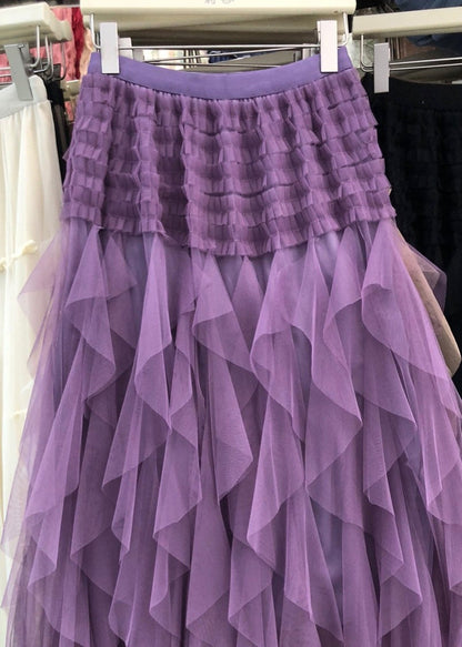 Casual Purple Asymmetrical Patchwork Elastic Waist Tulle A Line Skirt Summer