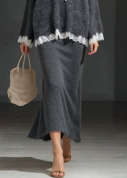 Dark Gray Sweater And Skirt Lace Patchwork Knit Two Piece Set Lace Up