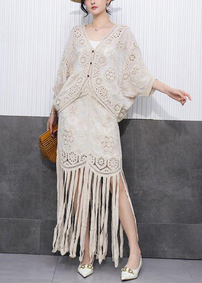 Vintage Beige Hollow Out Tassel Knit Cardigans And Maxi Skirts Two Pieces Set Fall