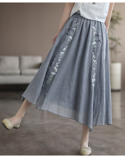 Vintage Double Cotton Linen Embroidered Buckle A-Line Skirt