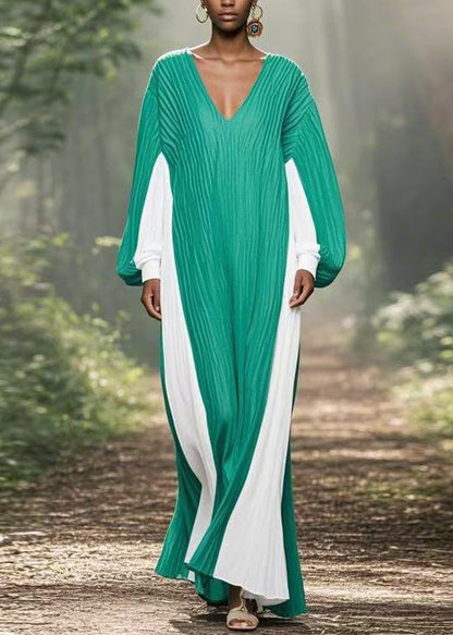 Beautiful Colorblock V Neck Wrinkled Chiffon Long Dresses Spring
