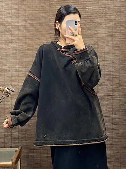 Women Vintage Chinese Button Worn Solid Thick Sweatshirt