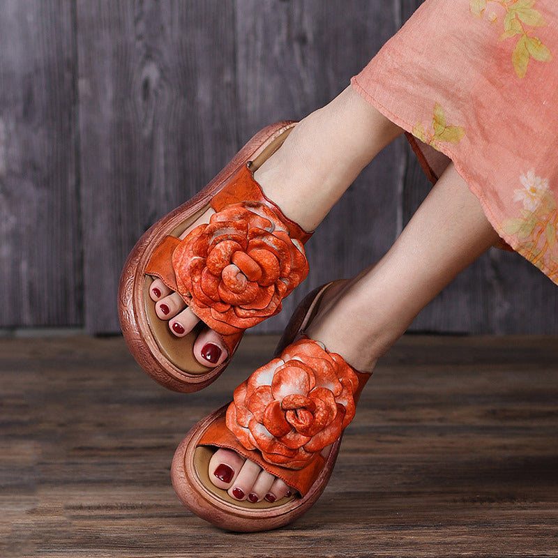 Women Summer Vintage Leather Floral Platform Slippers