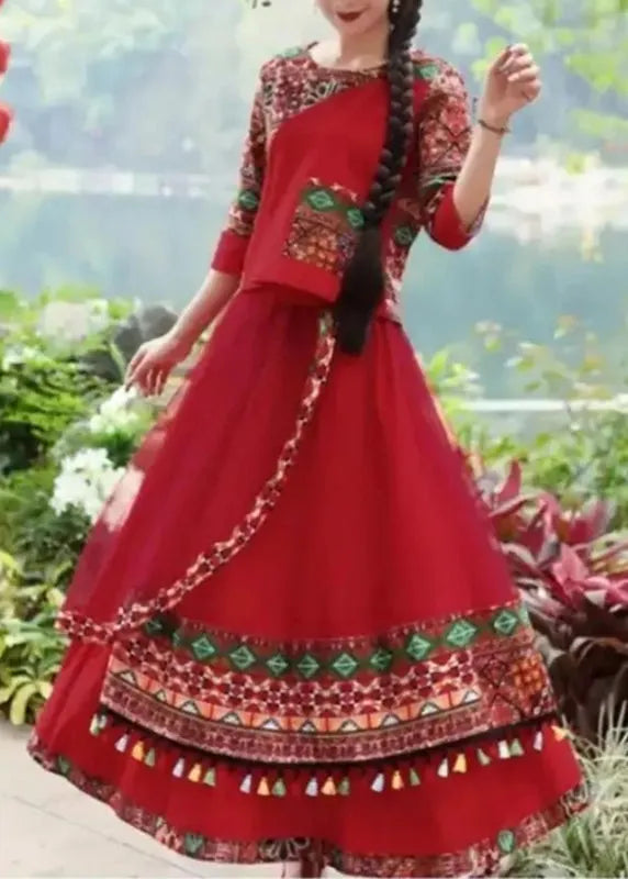 Novelty Red O-Neck Print Top And Skirts Two Piece Set Fall