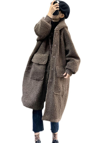 Fashion Coffee Hooded Oversized Teddy Faux Fur Long Coats Winter