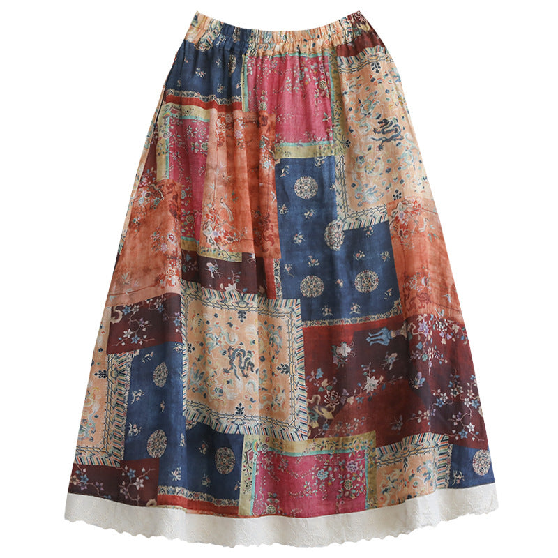 Retro Linen Print Cozy Loose Plus Size A-Line Trimmed Skirt