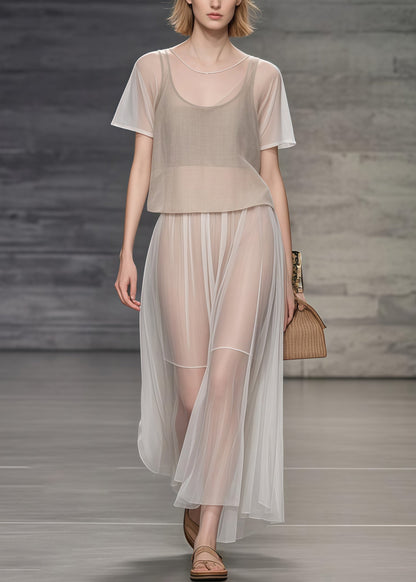 Elegant Apricot Oversized Draping Tulle Holiday Dress Two Piece Set Summer