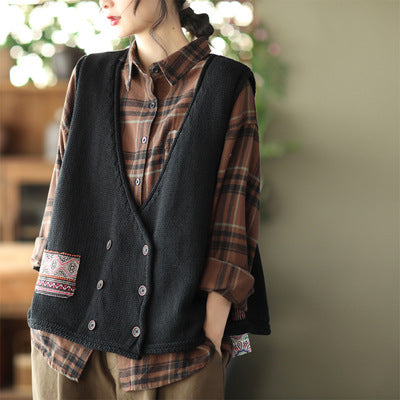Vintage Knit Loose Double-Breasted Patch Vest