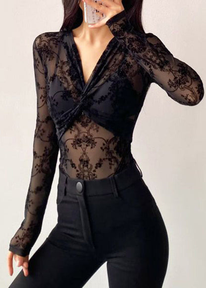 Sexy Black V Neck Flocking Wrinkled Tulle Bodysuit