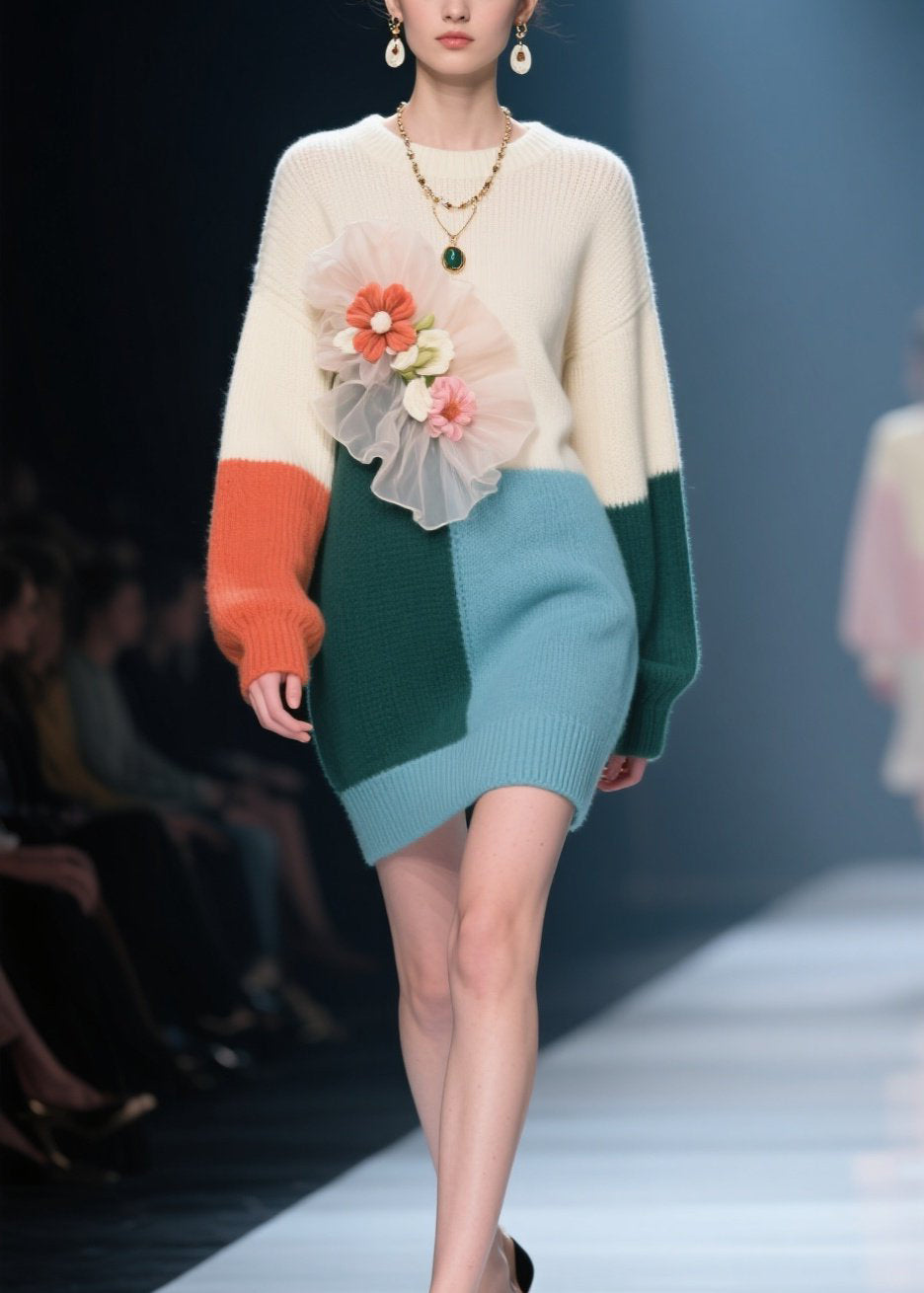 Plus Size Colorblock O Neck Floral Knit Sweaters Dress Fall