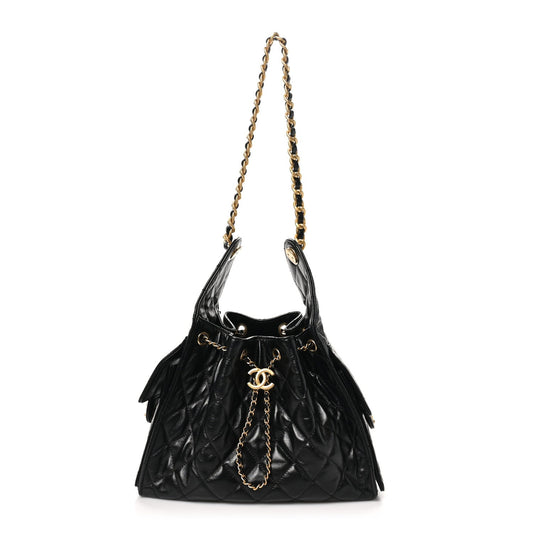 Shiny Calfskin Quilted Small Chanel 25 Handbag Black