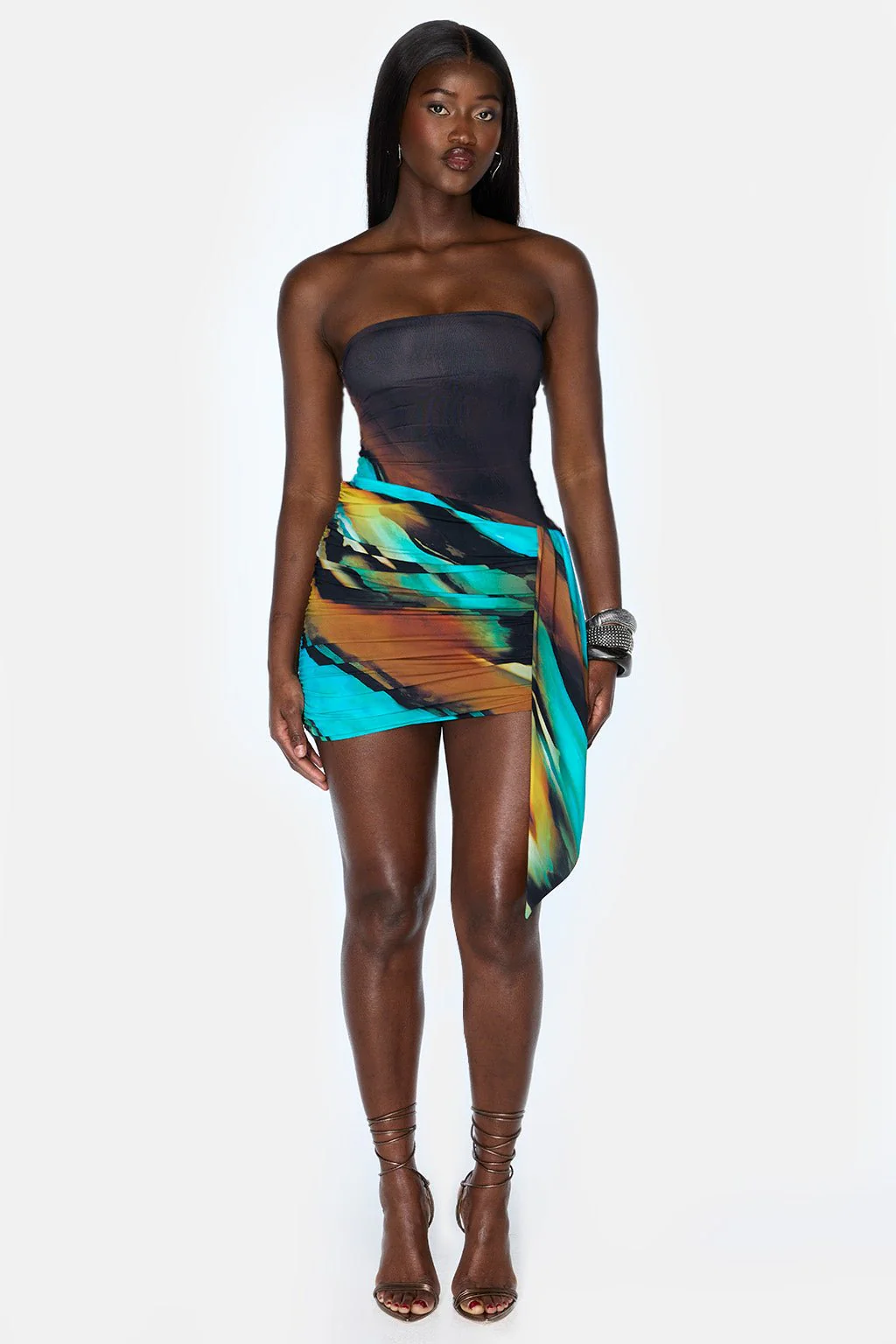 Art Print Strapless Side Draped Bodycon Mini Skirt