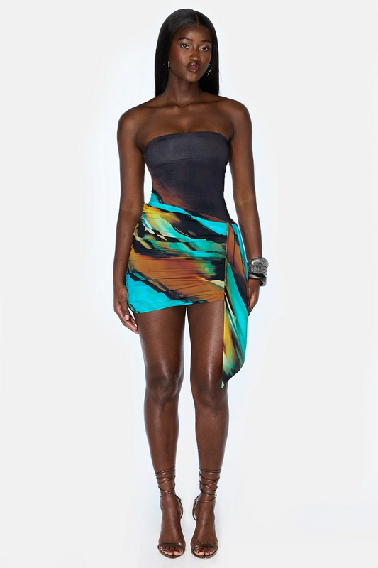 Art Print Strapless Side Draped Bodycon Mini Skirt