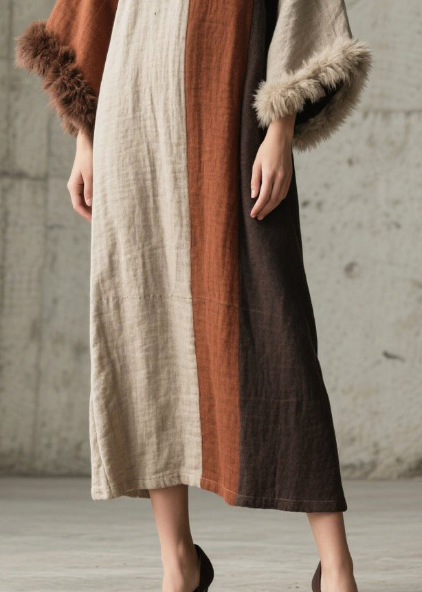 Boho Mixed Color Oversized Patchwork Faux Fur Ankle Dress Flare Sleeve