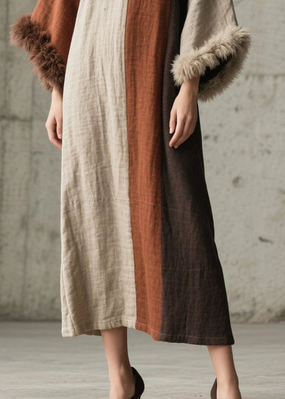 Boho Mixed Color Oversized Patchwork Faux Fur Ankle Dress Flare Sleeve