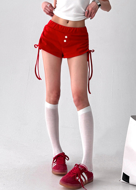 Women Red Lace Up Elastic Waist Cotton Shorts Summer