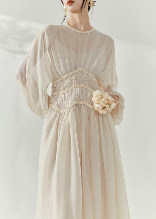 French Beige O-Neck Tunic Tulle Long Dresses Lantern Sleeve