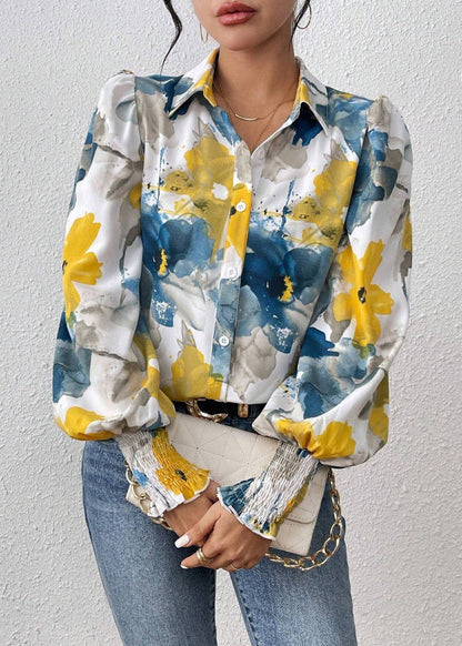 Unique Blue Button Print Cotton Blouses Spring