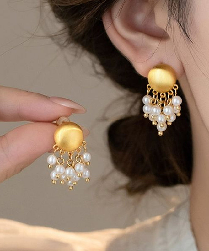 Stylish Gold Metal Overgild PearlTassel Drop Earrings