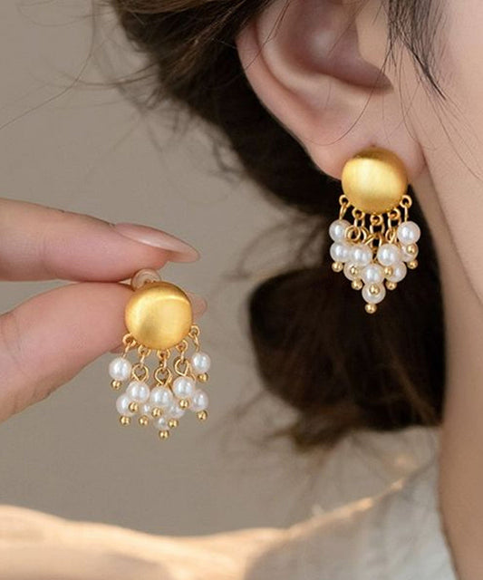 Stylish Gold Metal Overgild PearlTassel Drop Earrings