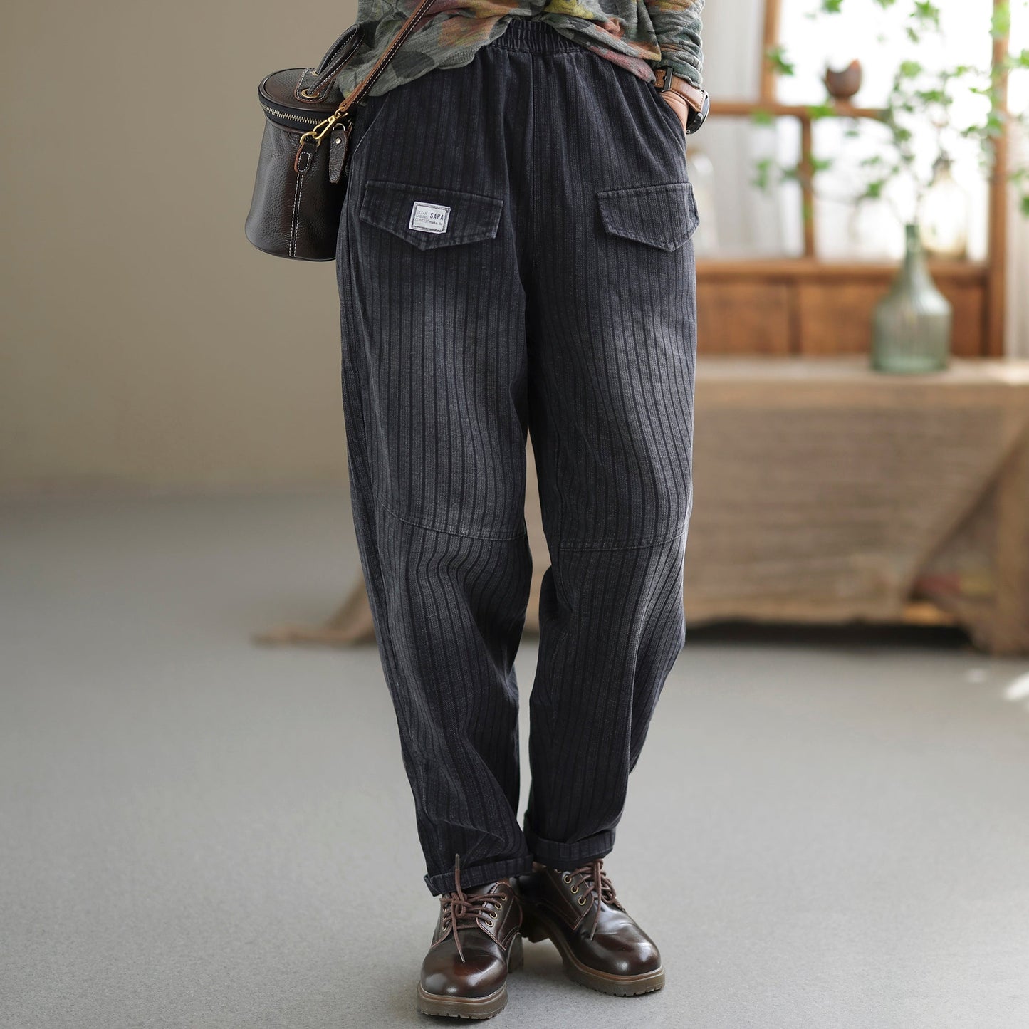 Women Summer Autumn Retro Stripe Cotton Jeans
