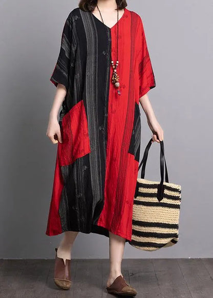 Classy v neck pockets linen outfit Sewing black red patchwork Dresses summer