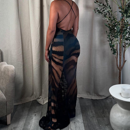 Edgy Girl Style Black-Brown Tiger Stripe Patchwork Mesh Backless Spaghetti Strap Lace Train Maxi Dress
