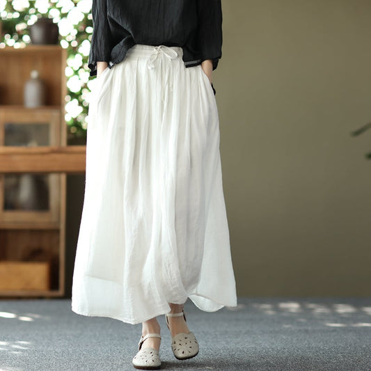 Retro Cotton Linen Lacing Waist A-Line Skirt