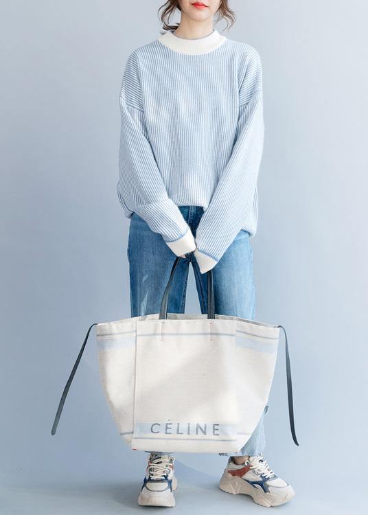 Pullover winter blue white striped knit sweat tops casual high neck crane tops